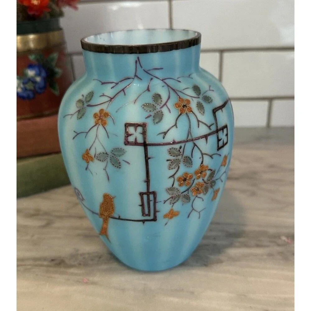 Gorgeous Antique Cased Satin Blue Glass Vase Raised Art Deco Bird Flowers